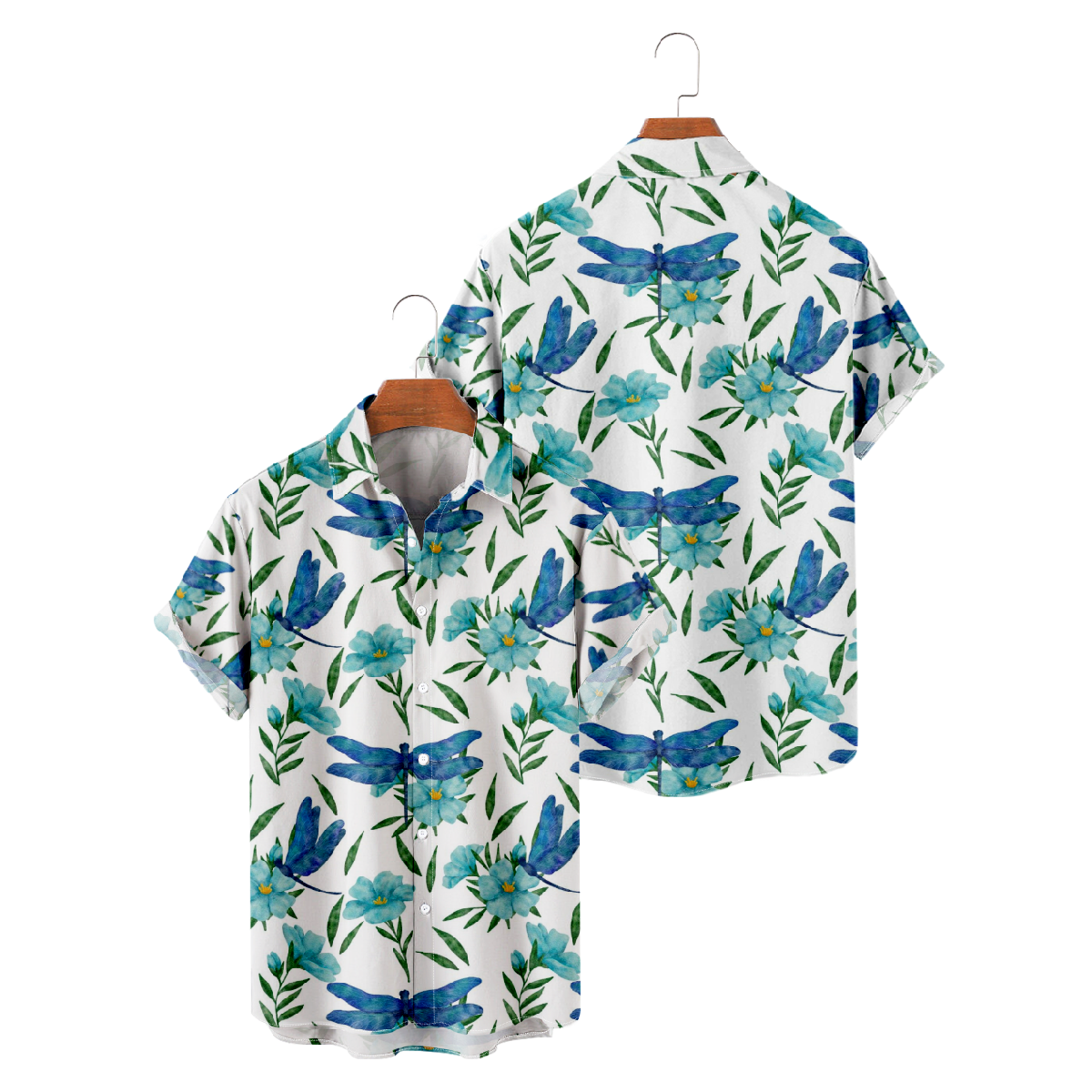 Mens Dragonfly Print Button-Up Shirt Summer Short Sleeve Shirt Casual Tops