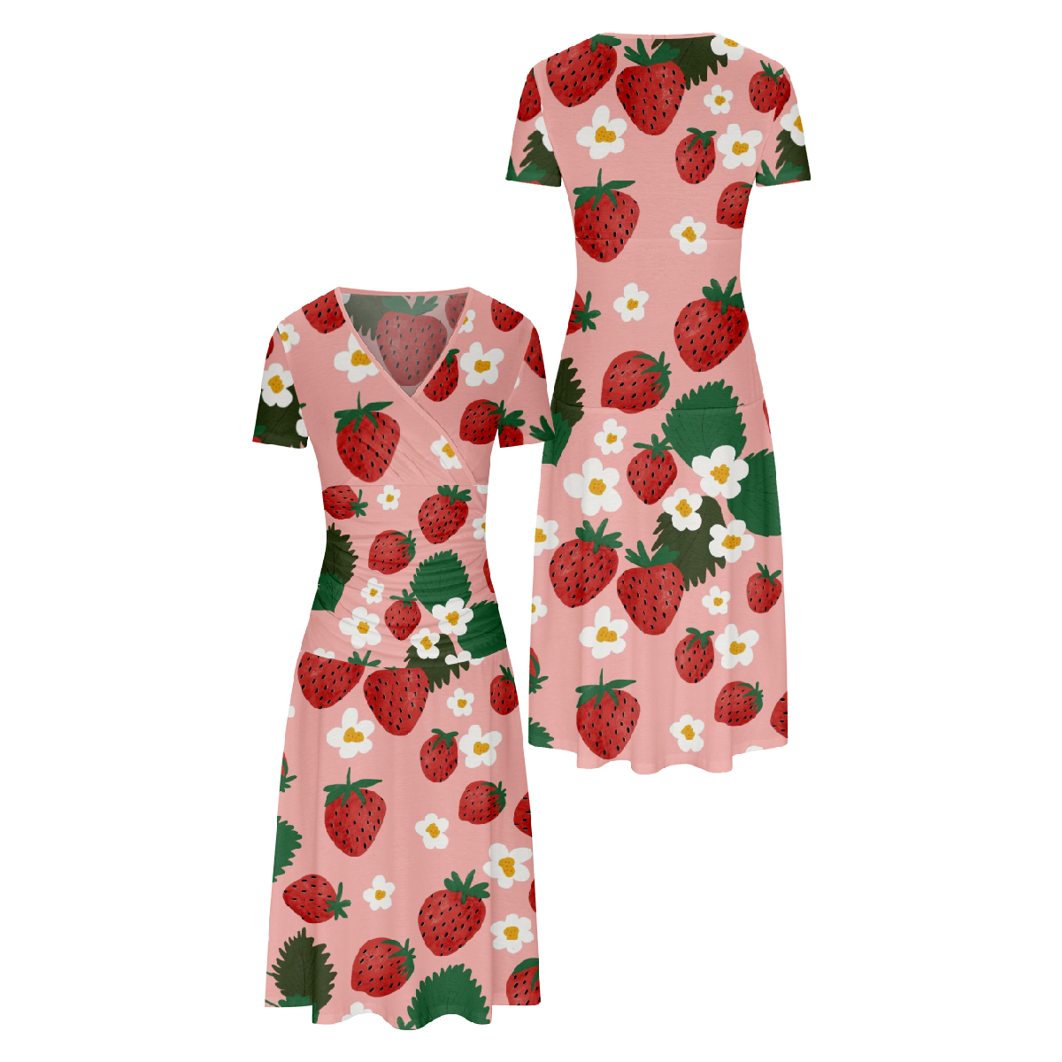 Women Strawberry Print Bodycon Dress Short Sleeve V Neckline