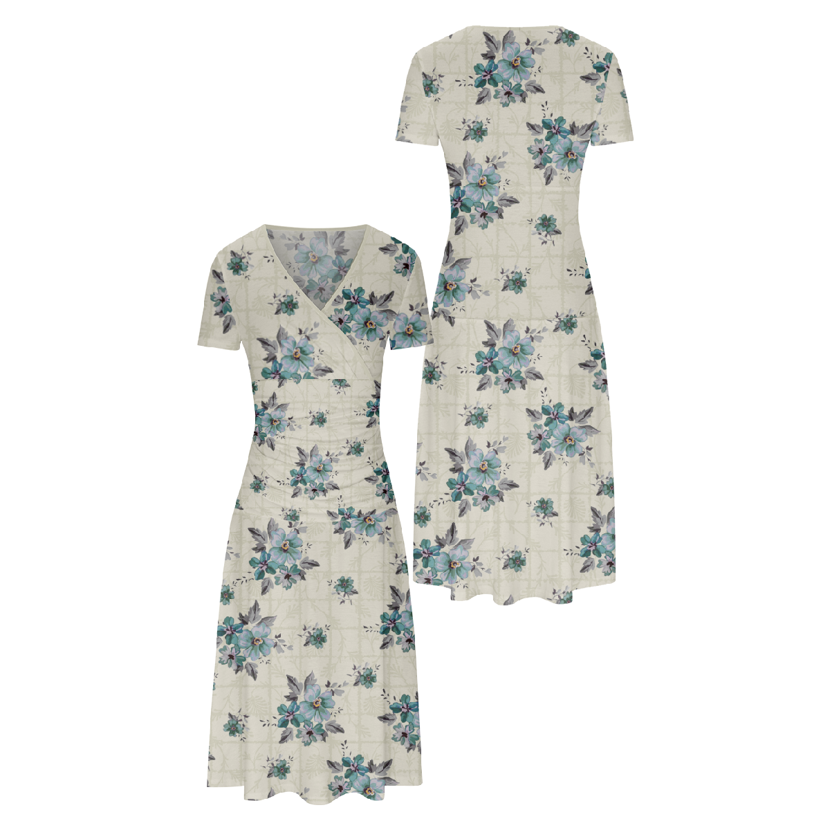 Women Flower Beige Dress Asymmetrical V-Neckline Dress with Short Sleeve Slim Waistline 