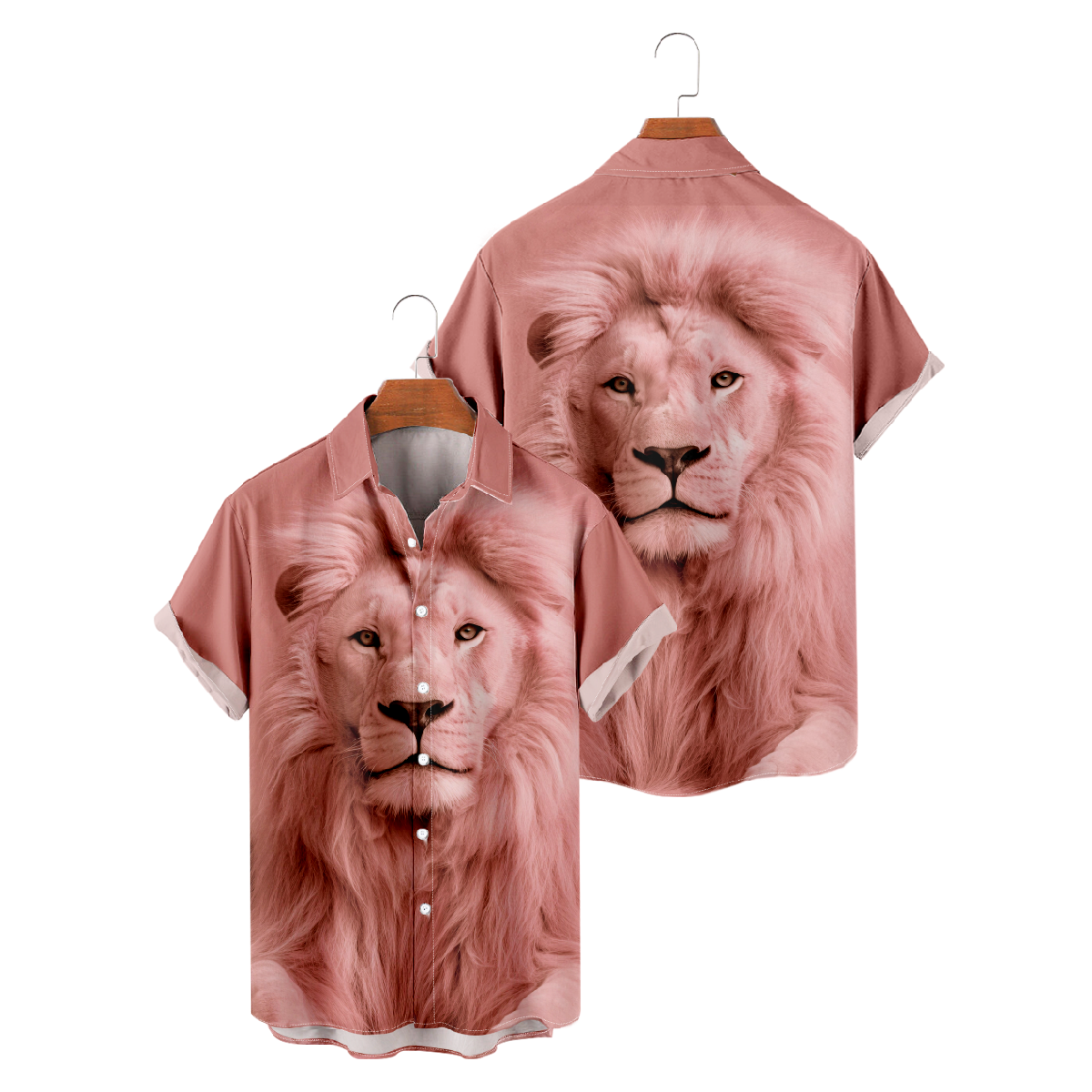 Mens Lion Print Button Up Shirt Pink Short Sleeve Shirt Animal Graphic Print Shirt