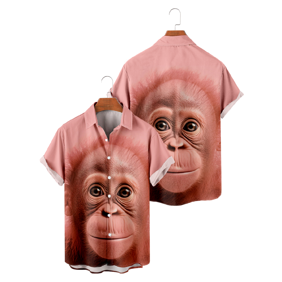 Monkey Print Button Up Shirt Mens Pink Short Sleeve Shirt Animal Graphic Print Shirt