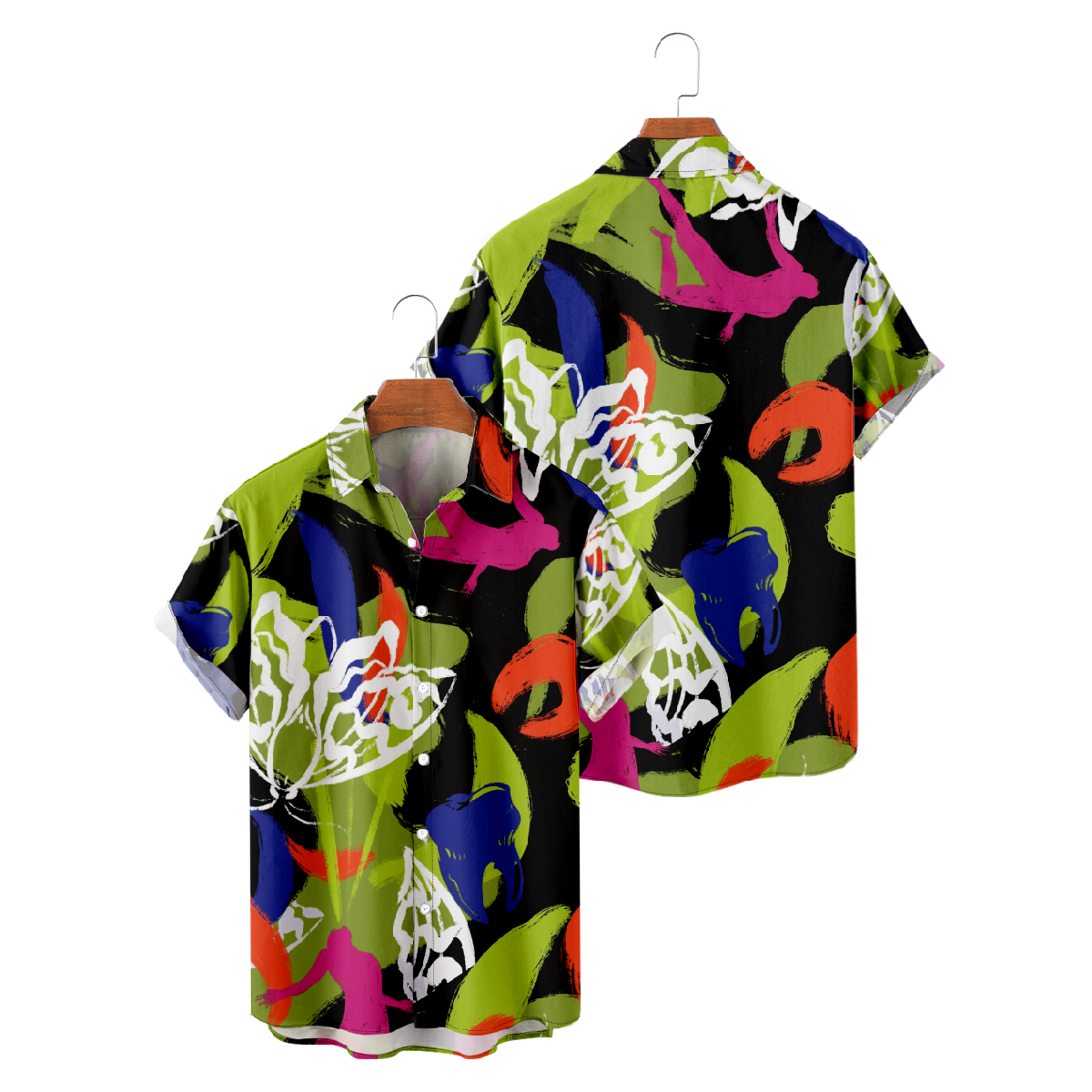 Mens Hawaiian Button Up Shirt Green Mixed Color Shirt Casual 
