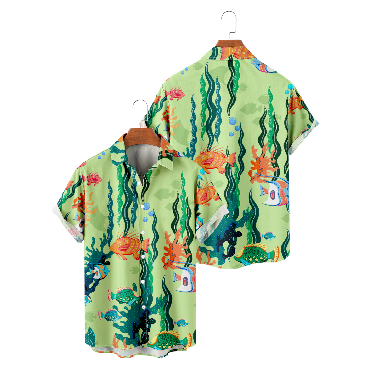 Fish Print Hawaiian Shirt Mens Short Sleeve Button Shirt Straight Collar Regular Fit