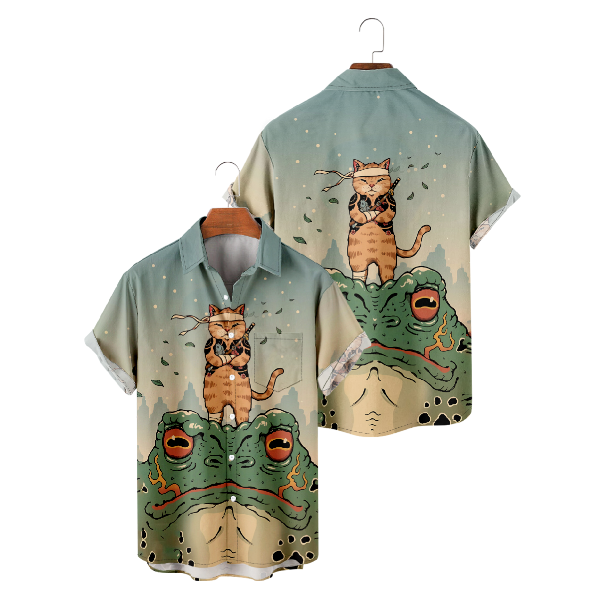 Ninja Cat On A Frog Button Up Shirt for Men Short Sleeve Shirt Front Pockets 