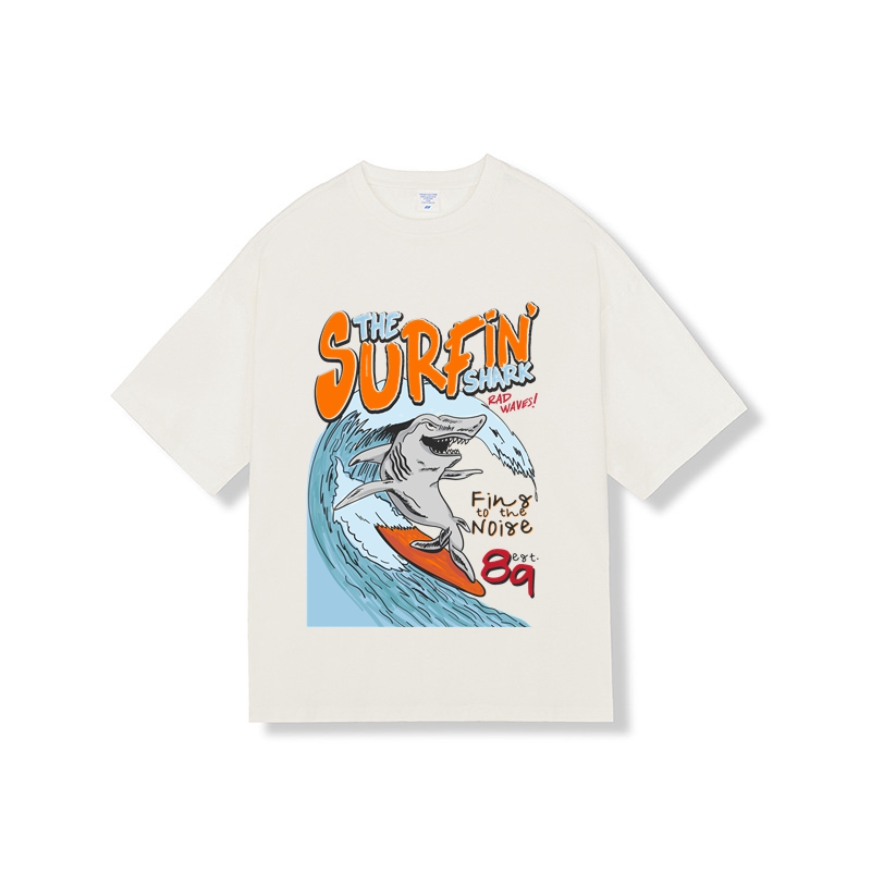 Surfing Shark Graphic T Shirt Drop Shoulder Oversized Cotton Made Summer Tee