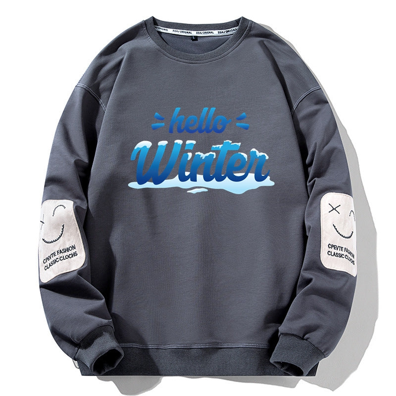 Men's Hello Winter Crewneck Sweatshirt Smile Face Embroidery Sleeves Sweatshirt