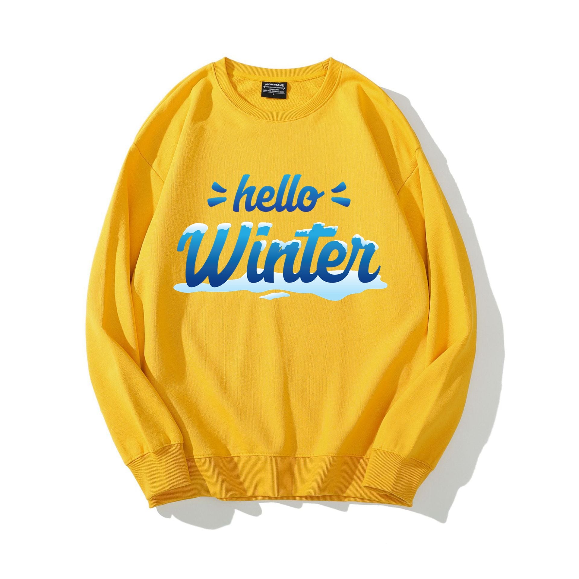 Hello Winter Sweatshirt Letter Hello Winter Print Crewneck Cotton Sweatshirt