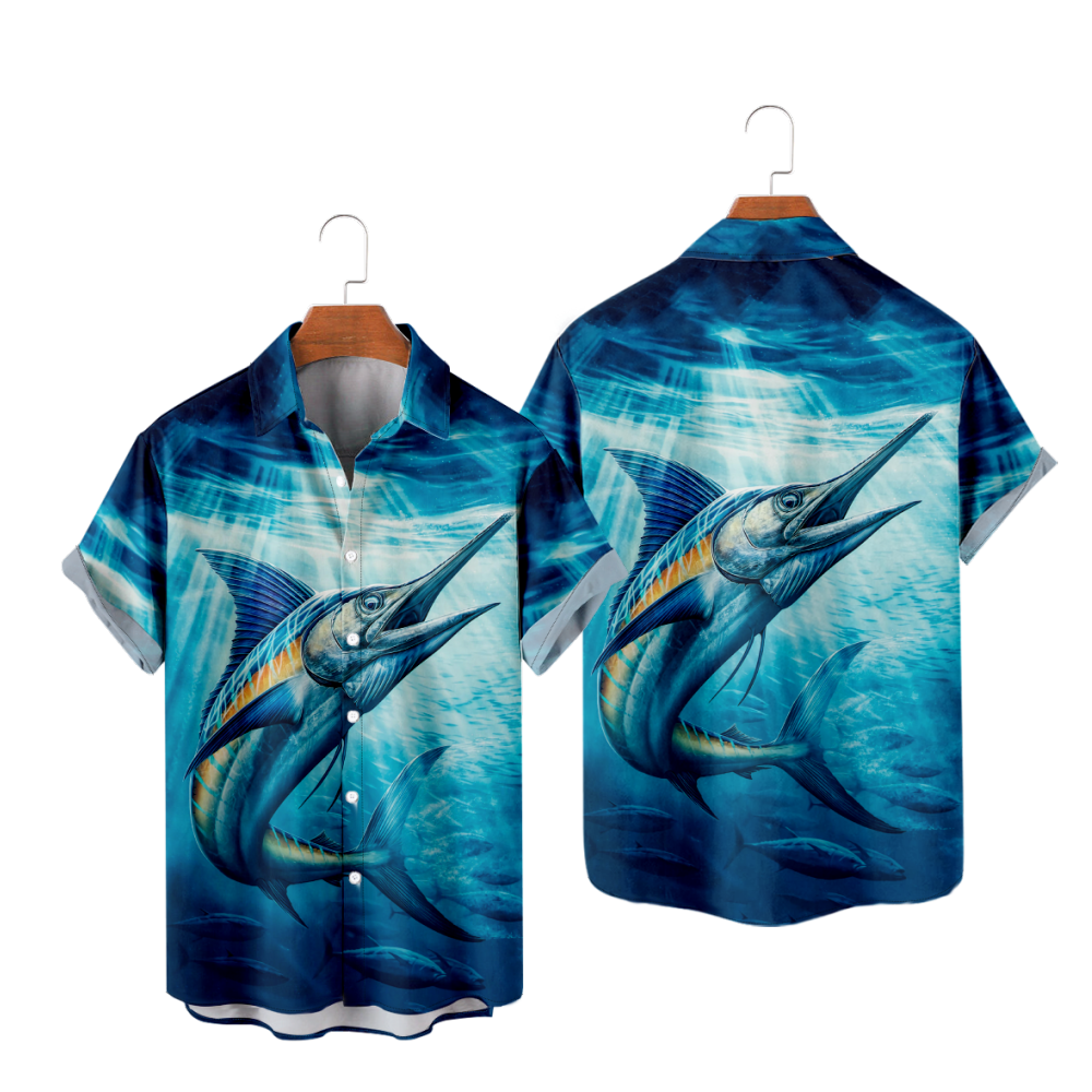 Marlin Fish Button Up Shirt Blue Ocean Graphic Shirt with Pockets Short Sleeves