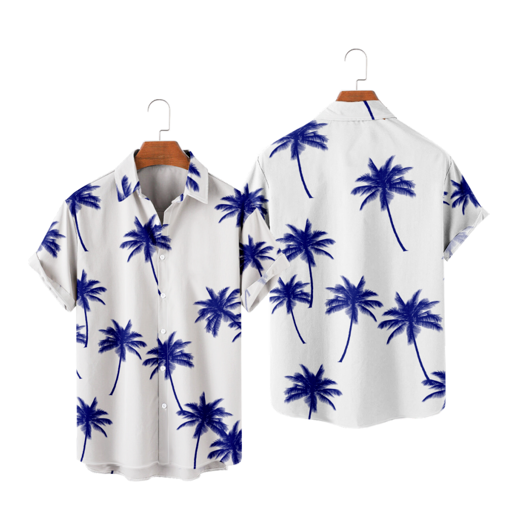 Blue Palm Tree Graphic Print Men's Shirt Short Sleeves Lapel Collar 