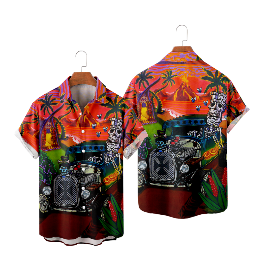 Volcano Button Up Shirt uhoodie Red Short Sleeves Shirt Straight Collar Blue