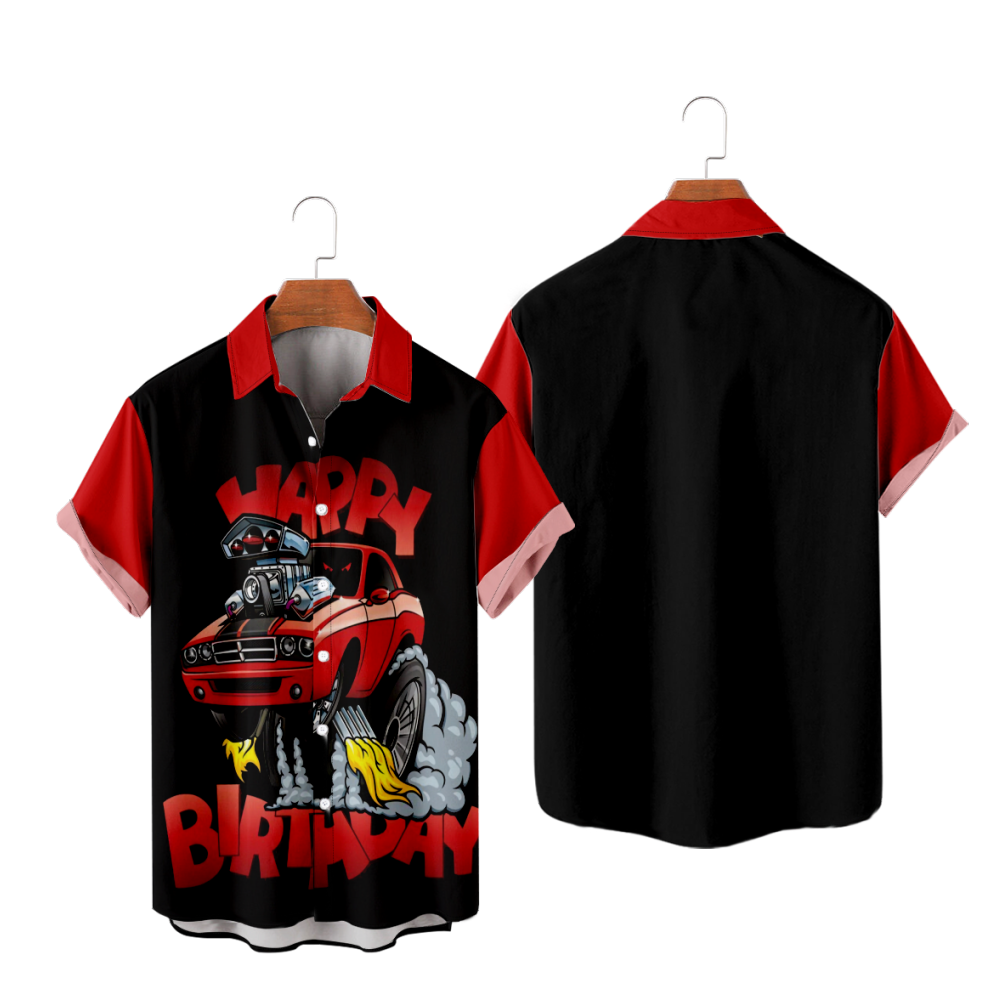 Vehicle Button Up Shirt Black and Red Short Sleeves Straight Collar Quick Dry Tops