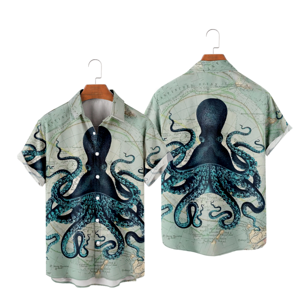 Octopus and World Map Graphic Shirt for Men Short Sleeves Straight Collar uhoodie Casual Shirt