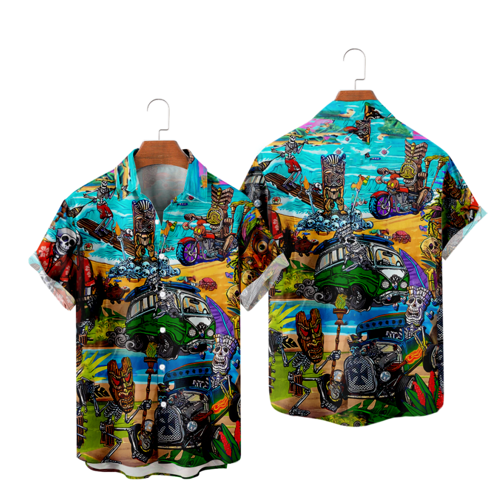 Tropical Skeleton Button Up Shirt Short Sleeves Breathable Straight Collar Quick Dry