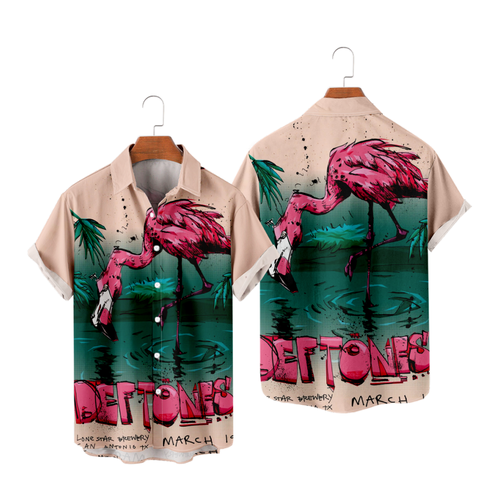 Deftones Gore Flamingo Button Up Shirt Short Sleeves Breathable Straight Collar Quick Dry