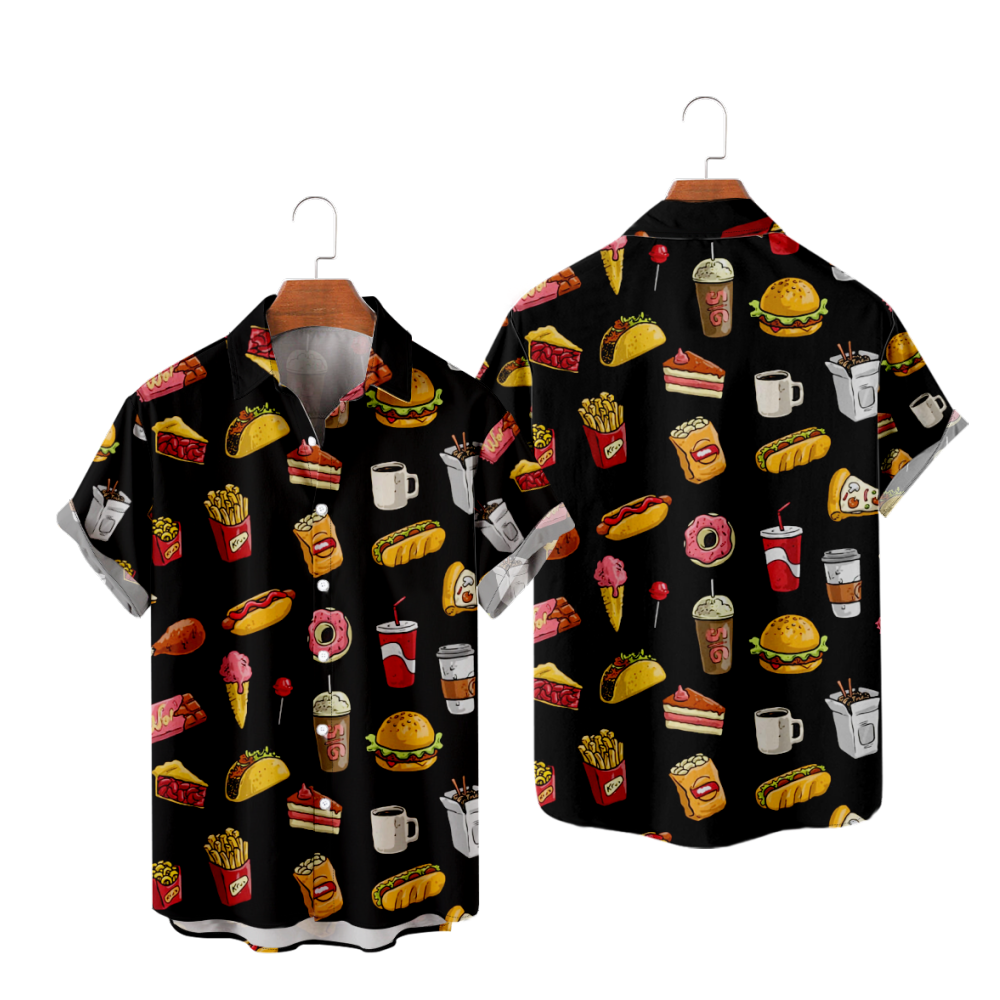 Hamburger French Fries Button Up Shirt Short Sleeves Breathable Straight Collar Quick Dry