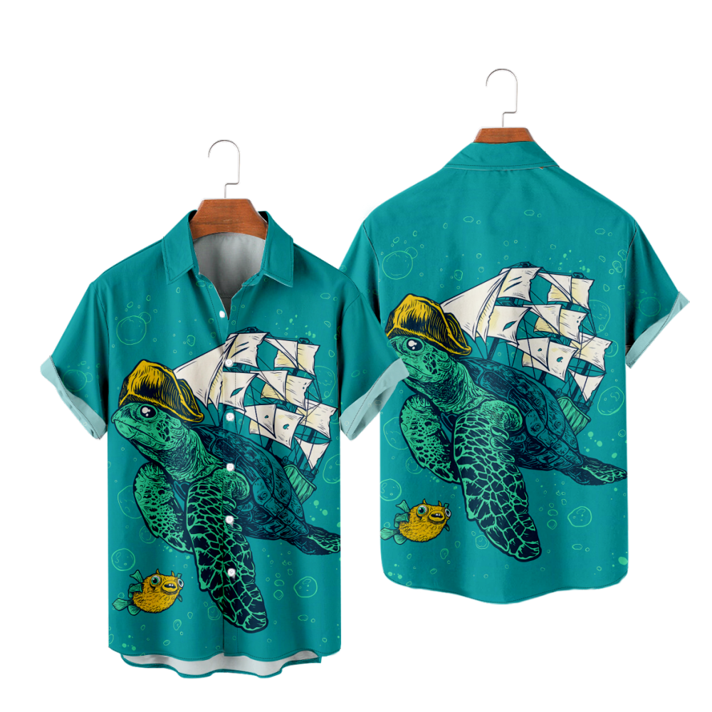 Sea Turtle Button Up Shirt with Pockets Turtle and Sailboat Short Sleeves Shirt Quick Dry Tops