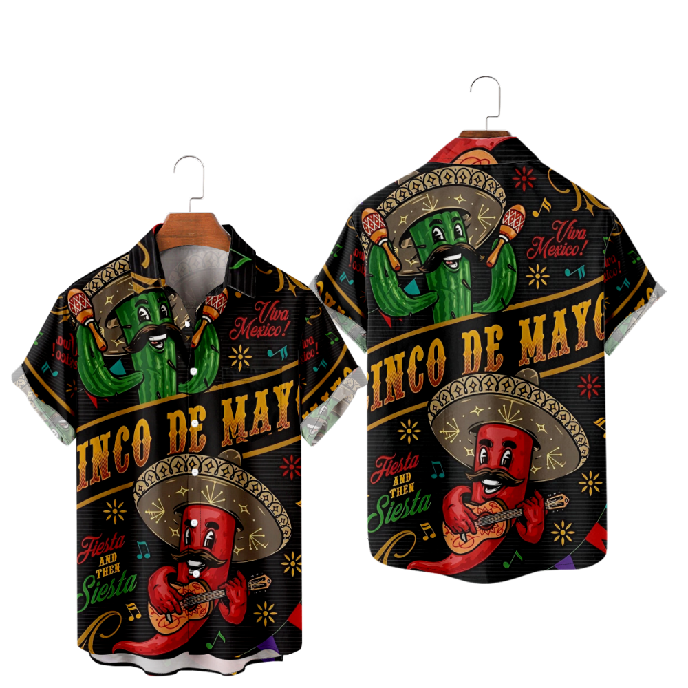 Cinco de Mayo Button Up Shirt Short Sleeves Breathable Straight Collar Quick Dry