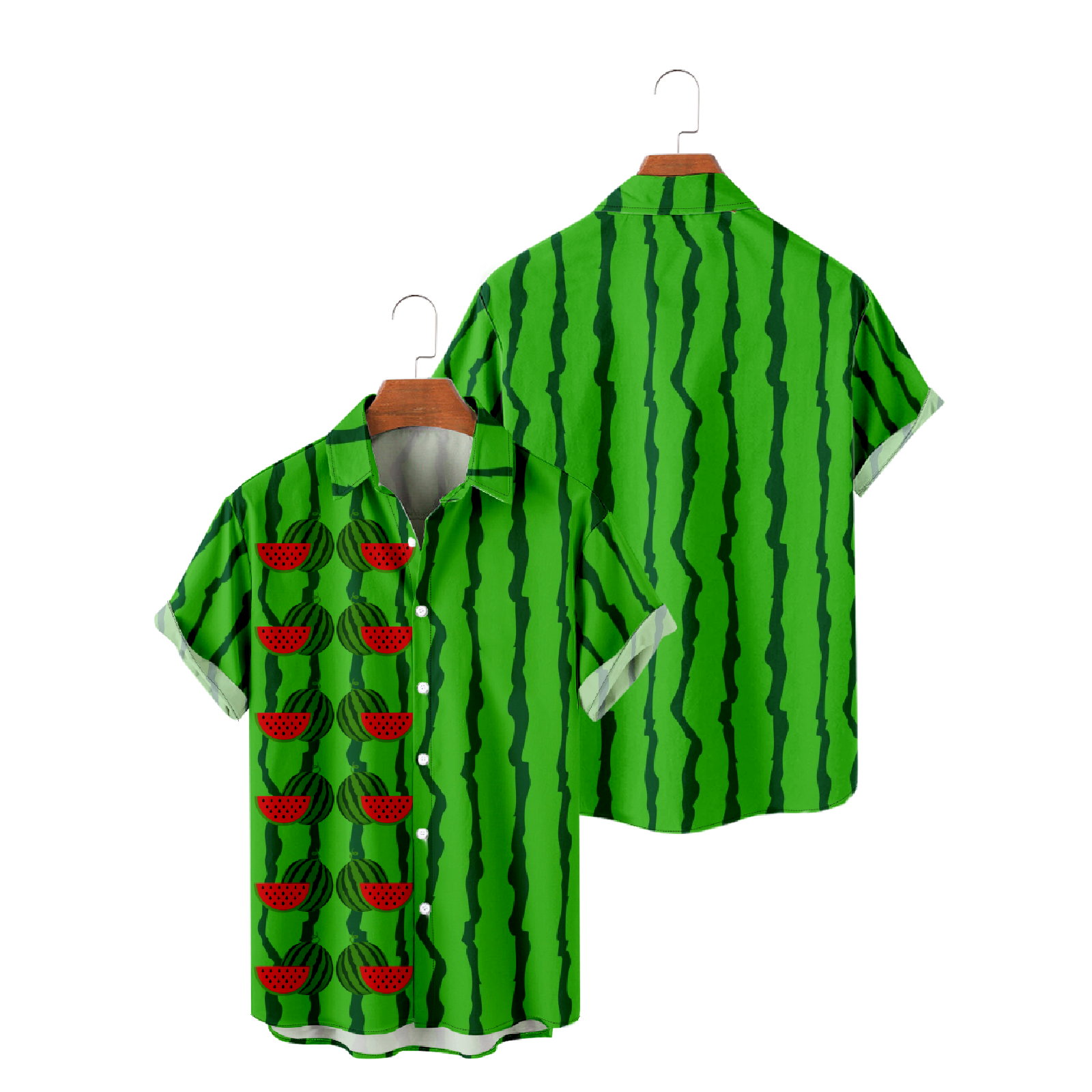 Green Striped Watermelon Button Up Shirt Hawaiian Tropical Fruit Summer Short Sleeve Shirt