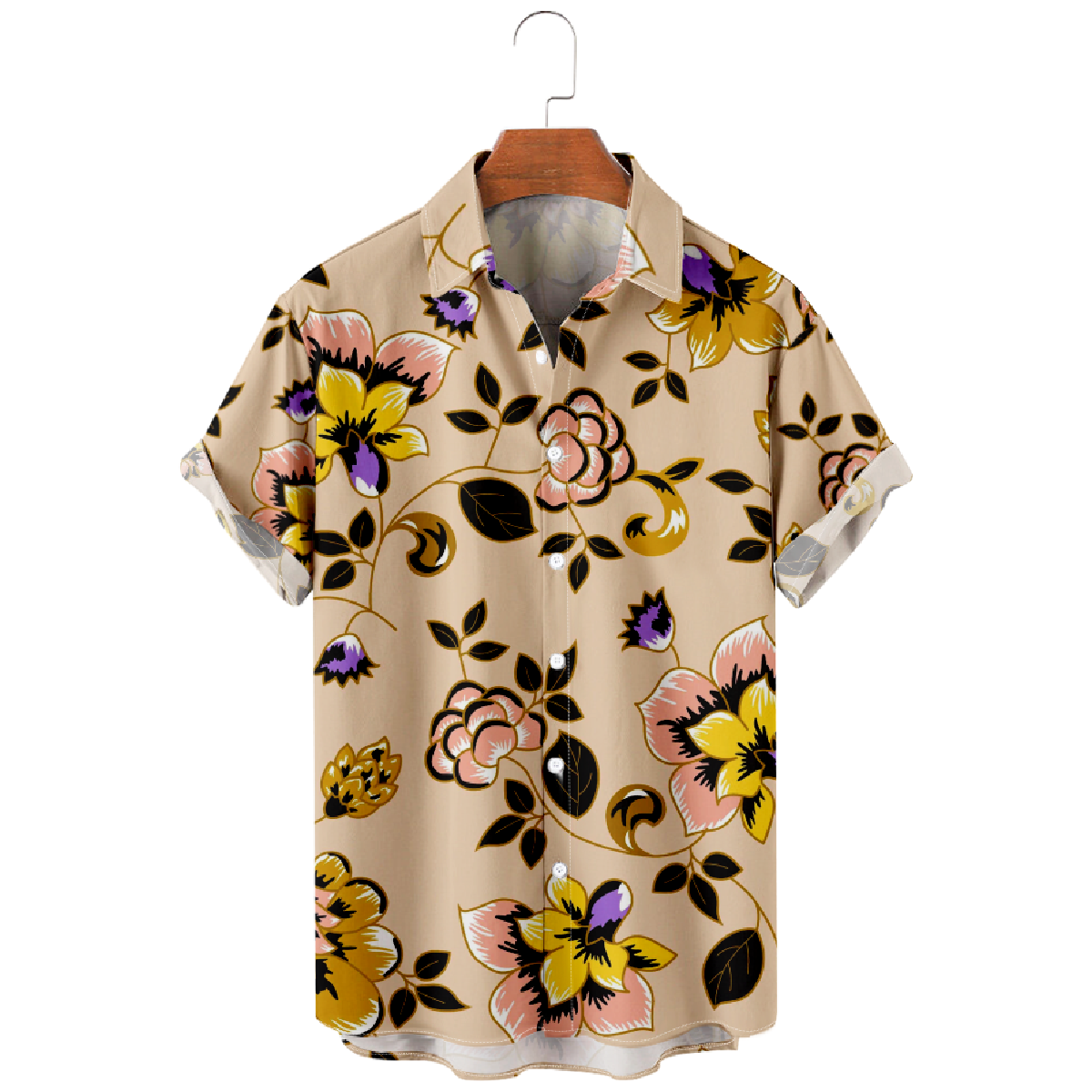 Mens Floral Button-Up Shirt Summer Casual Short Sleeve Shirt Straight Collar Regular Fit
