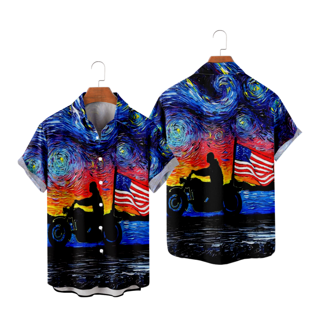 Starry Night and USA Flag Oil Painting Button Up Shirt with Pockets Short Sleeves 