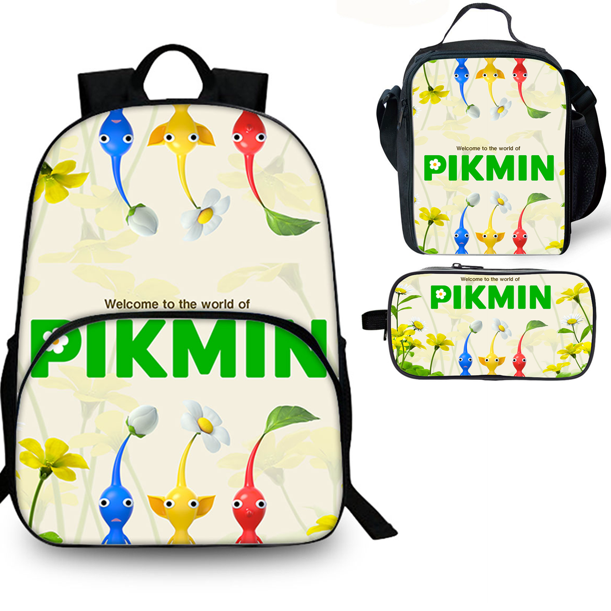 Pikmin 15 inches School Backpack Lunch Bag Pencil Case 3 Pieces Combo