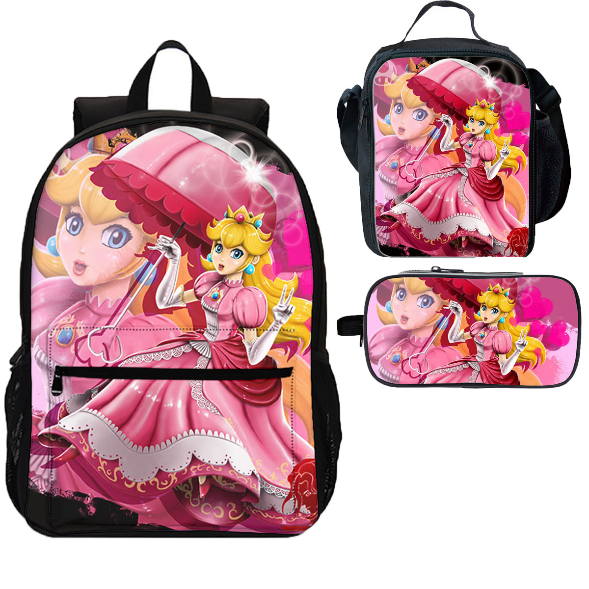 Princess Peach 3 Pieces Combo 18 inches School Backpack Lunch Bag Pencil Case