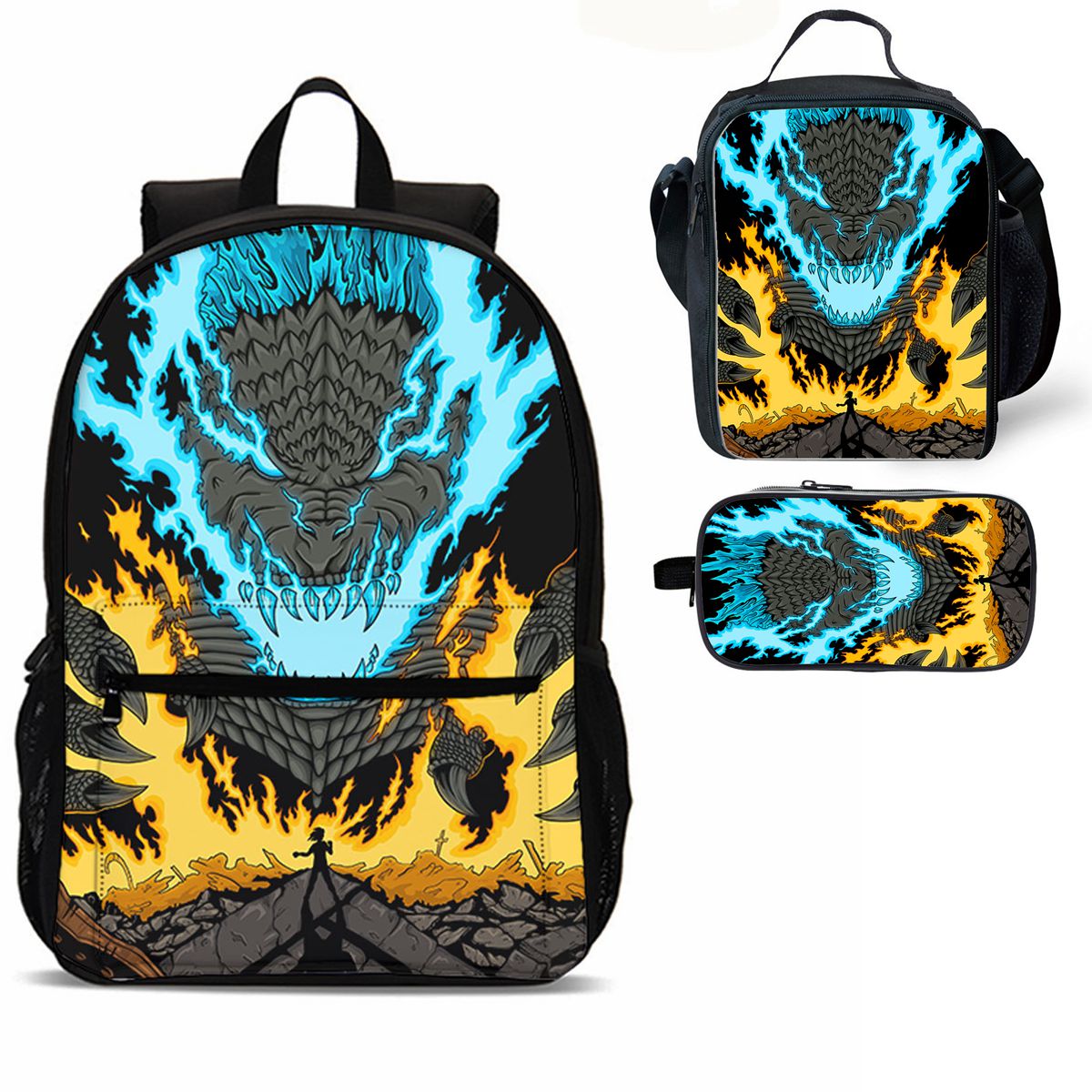 Godzilla 3 Pieces Combo 18 inches School Backpack Lunch Bag Pencil Case