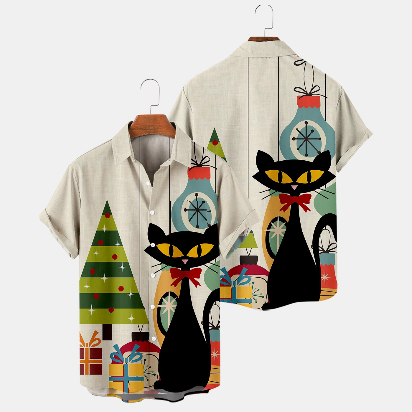 Christmas Cat Graphic Shirt Button Up Straight Collar Breathable Quick Dry