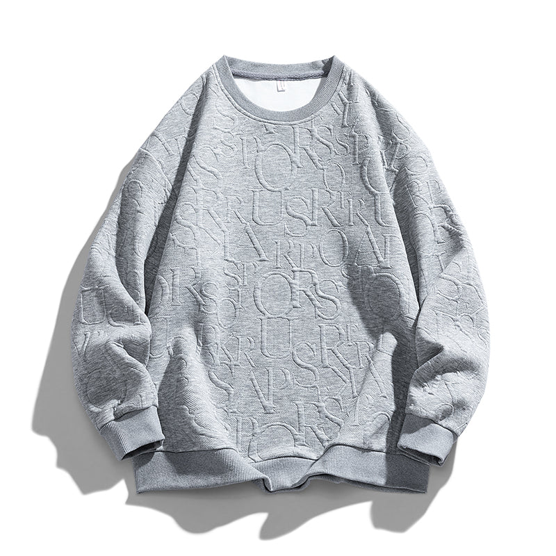 English Letters Embossed Sweater for Men Round Neckline Long Sleeves Autumn Winter Tops