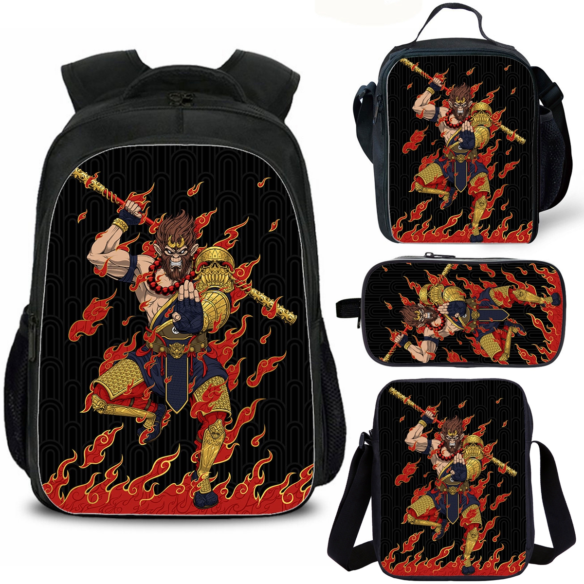 Monkey King Kids School Backpack Insulated Lunch Bag Shoulder Bag Pencil Case 