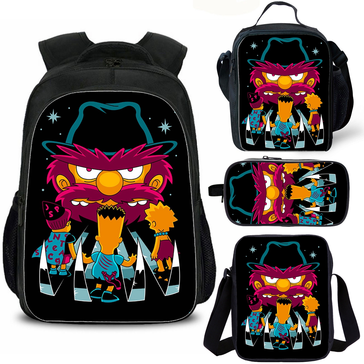 Simpsons Kids School Backpack Insulated Lunch Bag Shoulder Bag Pencil Case 