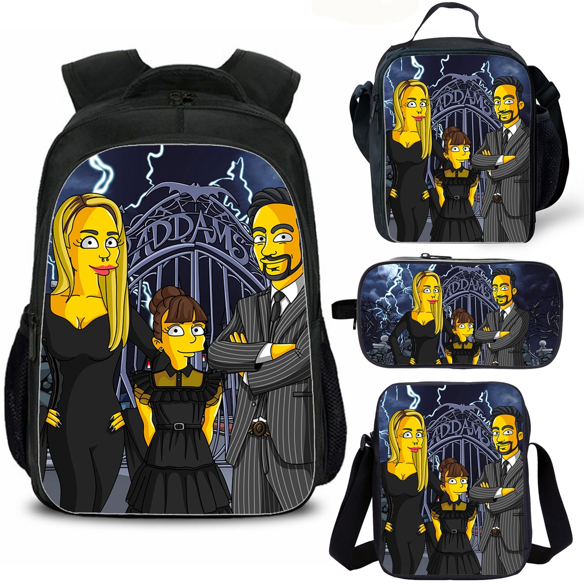 Simpsons Style Addans Family Wednesday Kids School Backpack Insulated Lunch Bag Shoulder Bag Pencil Case 