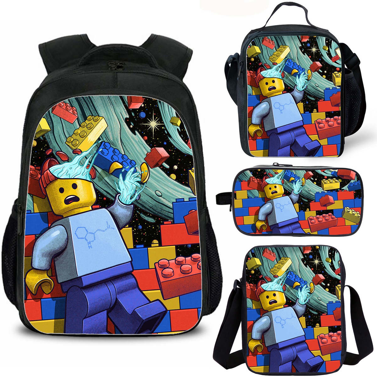 Plastic Bricks Print Kids School Backpack Insulated Lunch Bag Shoulder Bag Pencil Case 