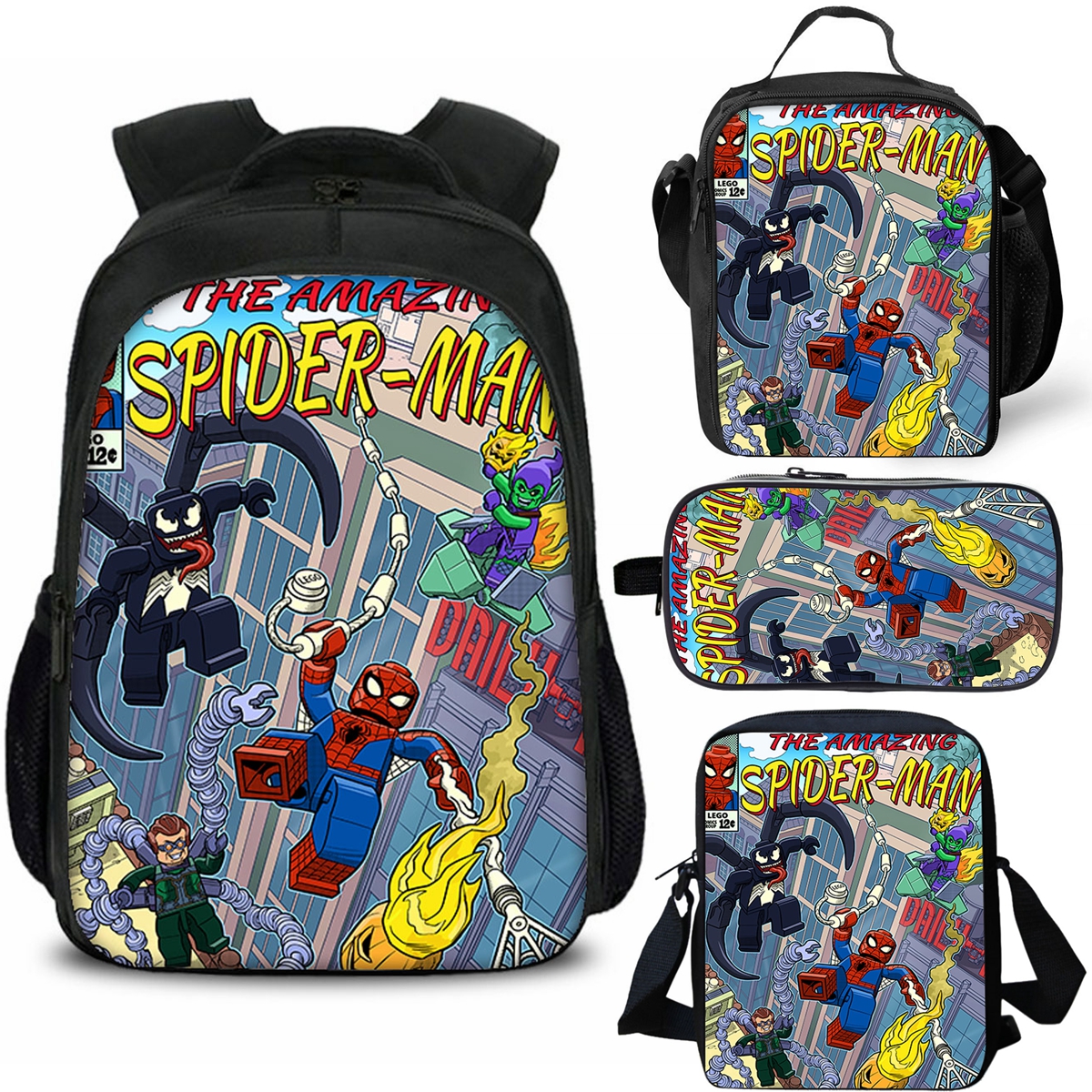 Kids Spider-man Bricks Style School Backpack Insulated Lunch Bag Shoulder Bag Pencil Case 