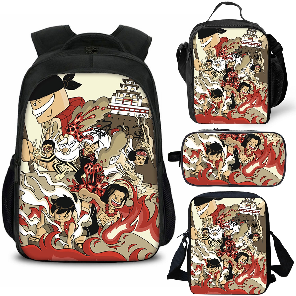 One Piece Anime Bricks Style School Backpack Insulated Lunch Bag Shoulder Bag Pencil Case 