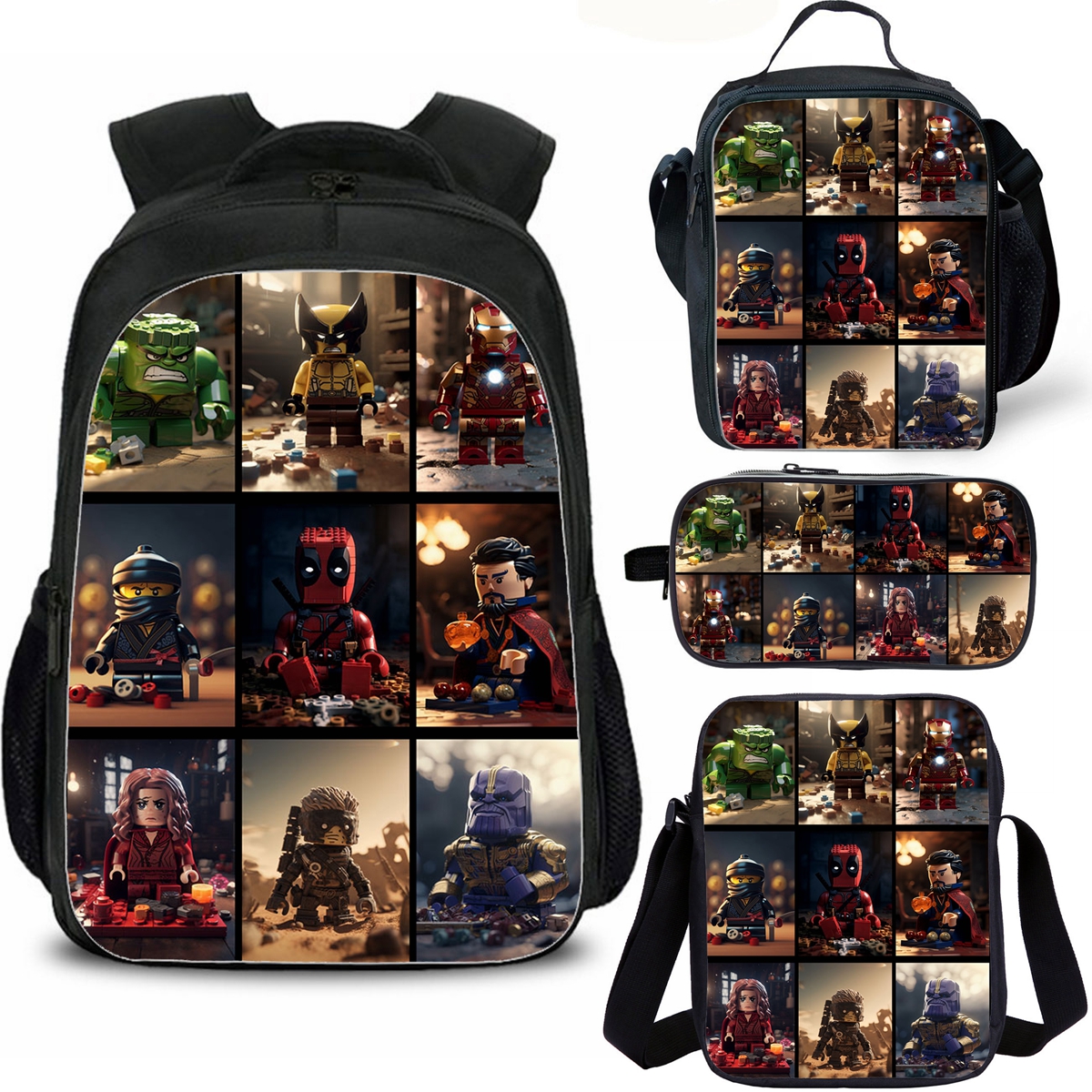 Superhero Bricks Style Kids School Backpack Insulated Lunch Bag Shoulder Bag Pencil Case 