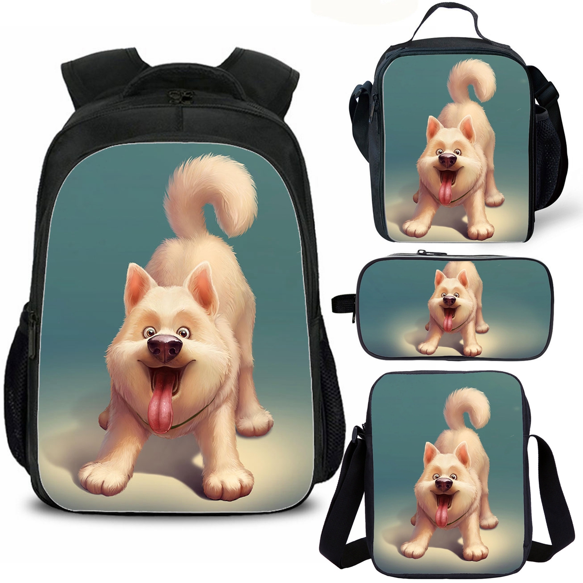 Cute Husky Dog Kids School Backpack Insulated Lunch Bag Shoulder Bag Pencil Case 