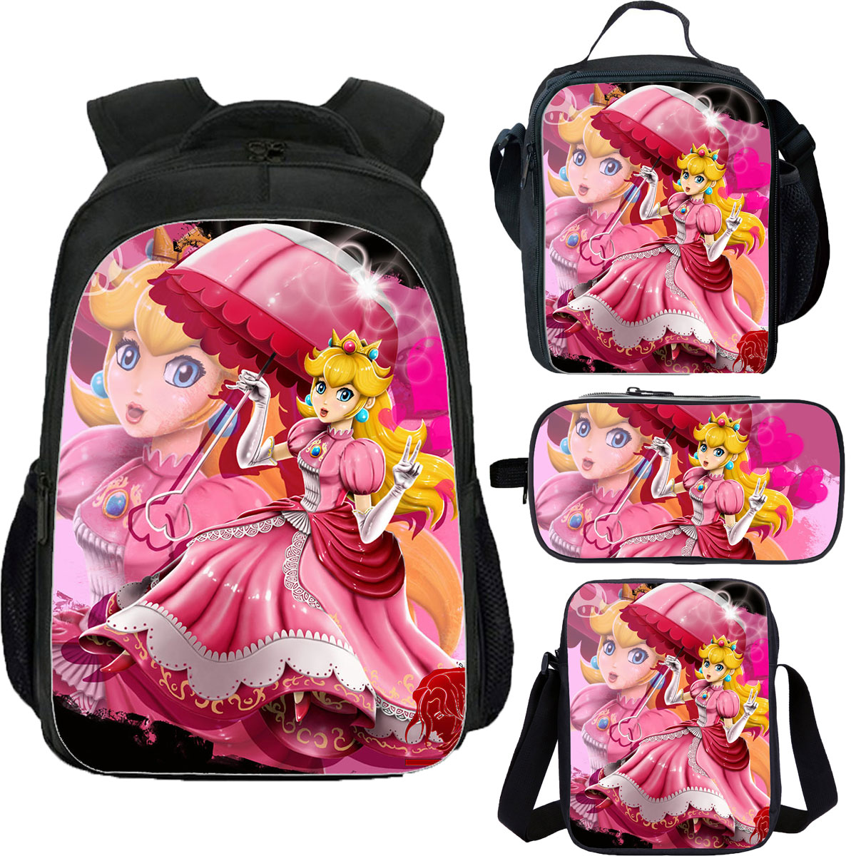 Princess Peach Kid's School Backpack Lunch Bag Shoulder Bag Pencil Case 4 Pieces Combo