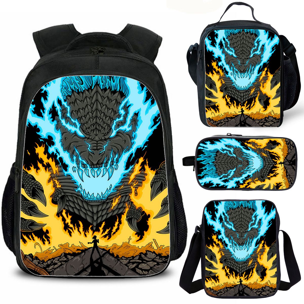 Godzilla Kid's School Backpack Lunch Bag Shoulder Bag Pencil Case 4 Pieces Combo