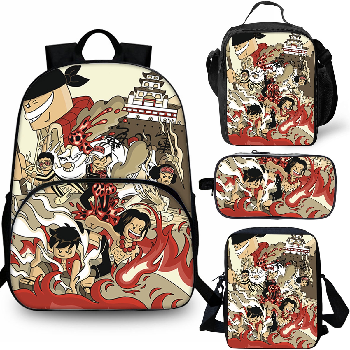 Kids One Piece Anime Bricks Style School Merch 15" Backpack Insulated Lunch Bag Shoulder Bag Pencil Case