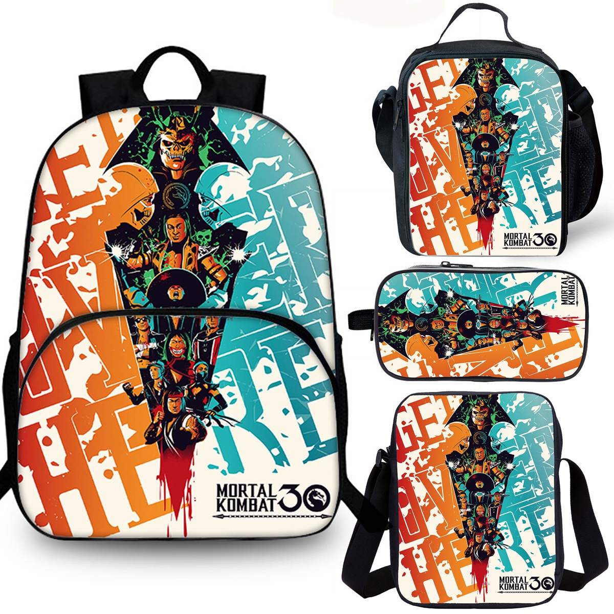 Kids Mortal Kombat School Merch 15" Backpack Insulated Lunch Bag Shoulder Bag Pencil Case