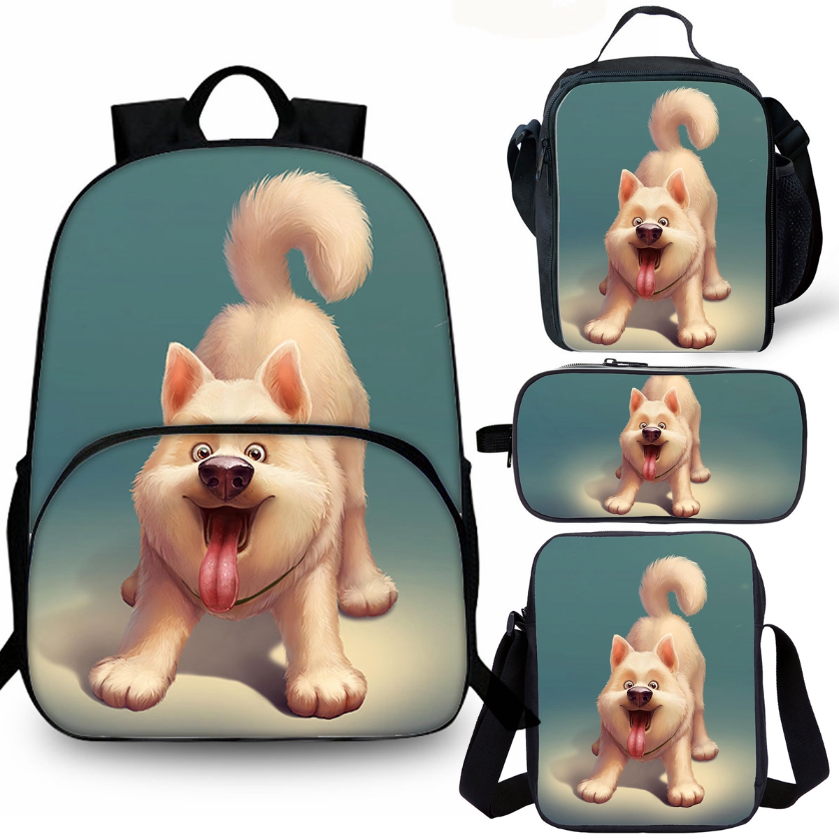 Kids Cute Husky Dog Print School Merch 15" Backpack Insulated Lunch Bag Shoulder Bag Pencil Case
