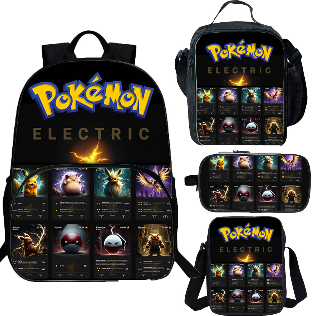 Pokemon School Merch 4 Pieces Combo 15" Backpack Lunch Bag Shoulder Bag Pencil Case