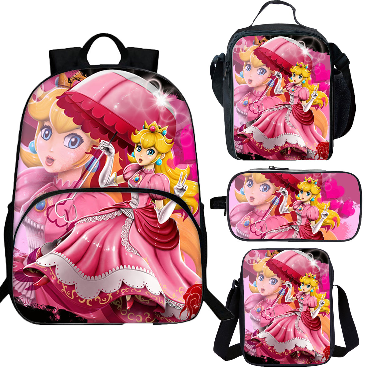 Princess Peach School Merch 4 Pieces Combo 15" Backpack Lunch Bag Shoulder Bag Pencil Case
