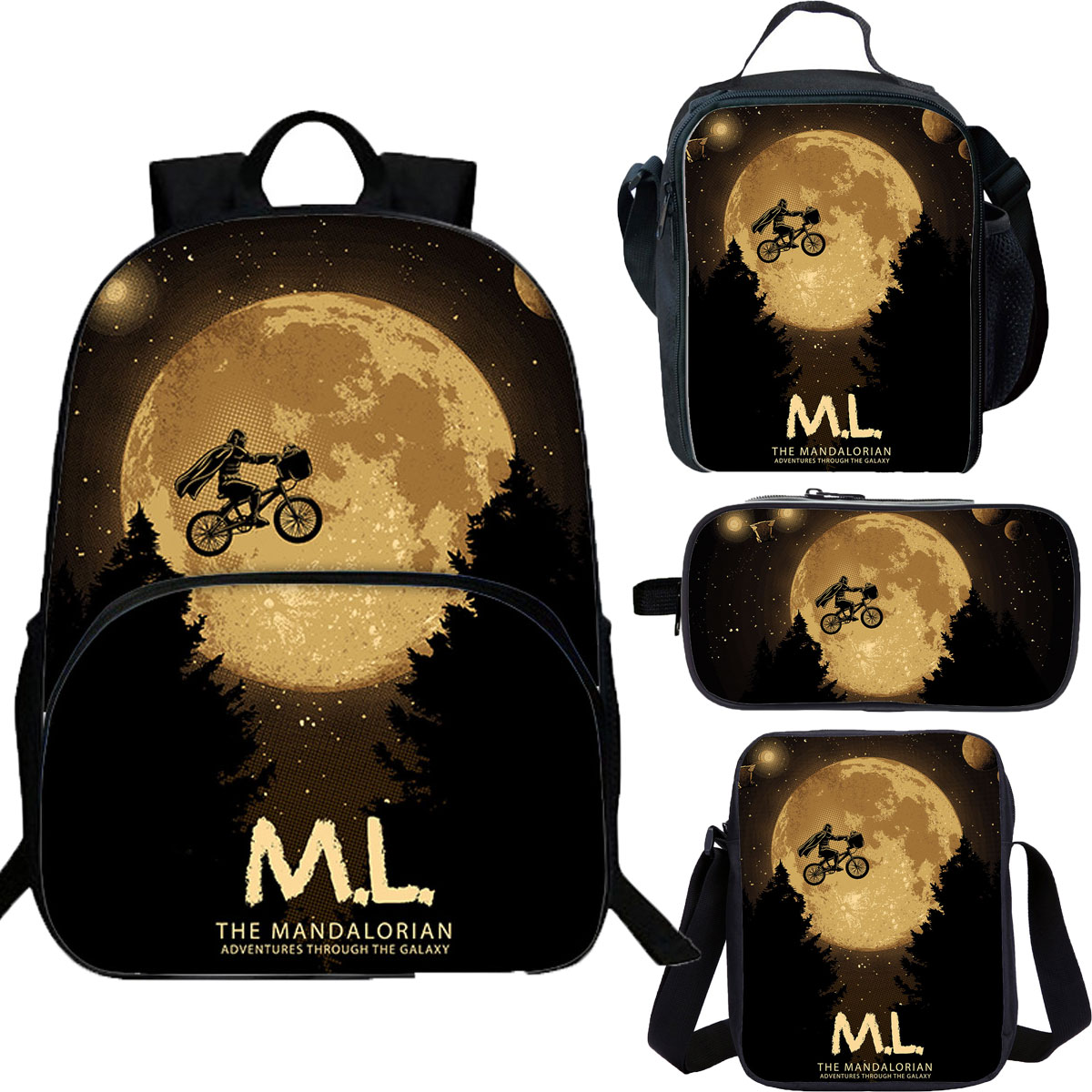 Mandalorian School Merch 4 Pieces Combo 15" Backpack Lunch Bag Shoulder Bag Pencil Case