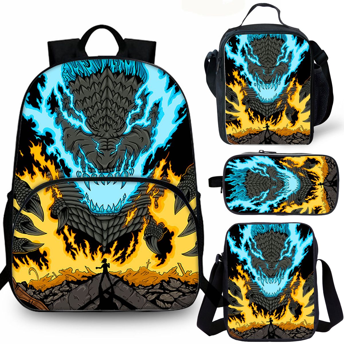 Godzilla School Merch 4 Pieces Combo 15" Backpack Lunch Bag Shoulder Bag Pencil Case