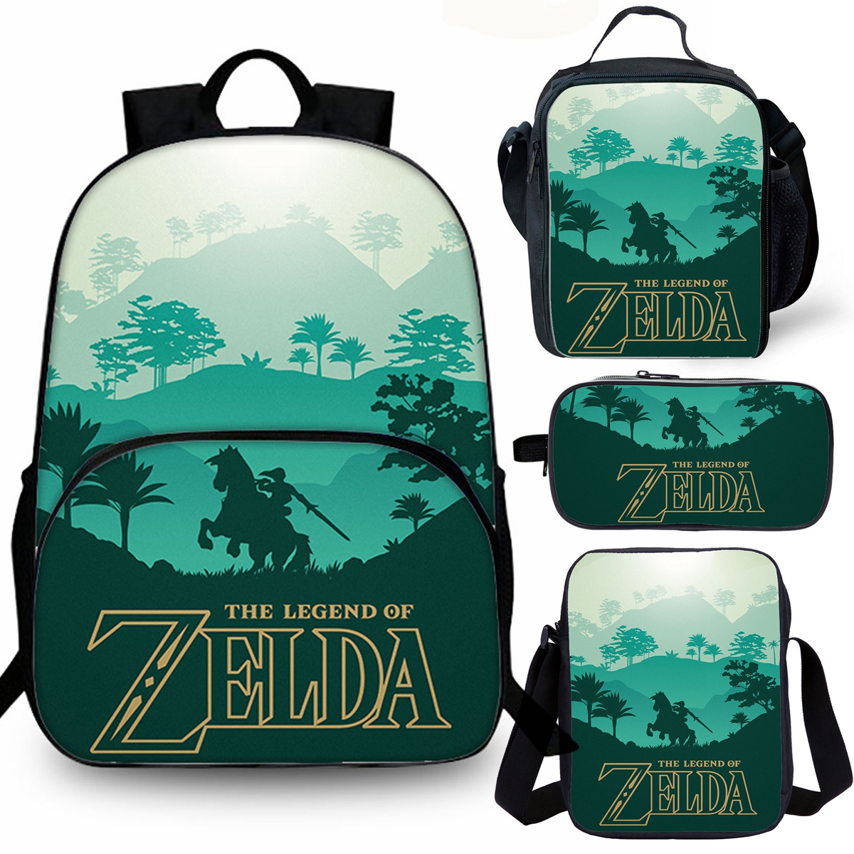 Zelda School Merch 4 Pieces Combo 15" Backpack Lunch Bag Shoulder Bag Pencil Case