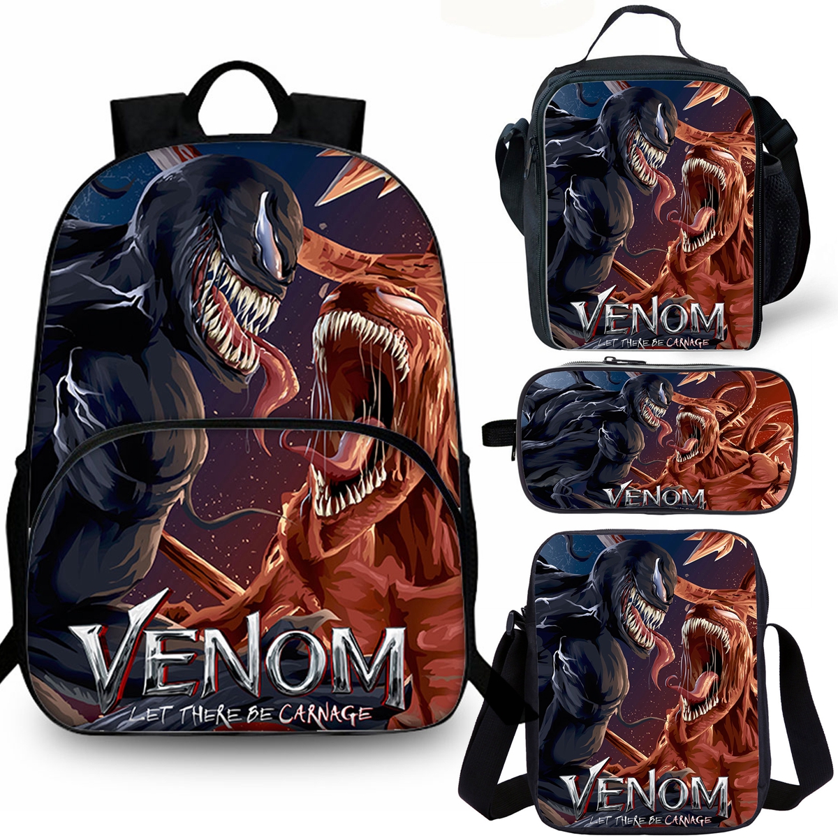 Venom School Merch 4 Pieces Combo 15" Backpack Lunch Bag Shoulder Bag Pencil Case