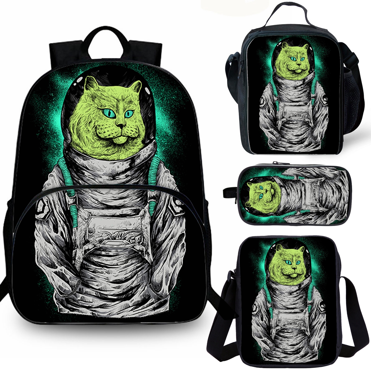 Cat Astronaut Print School Merch Kids 15" Backpack Lunch Bag Shoulder Bag Pencil Case