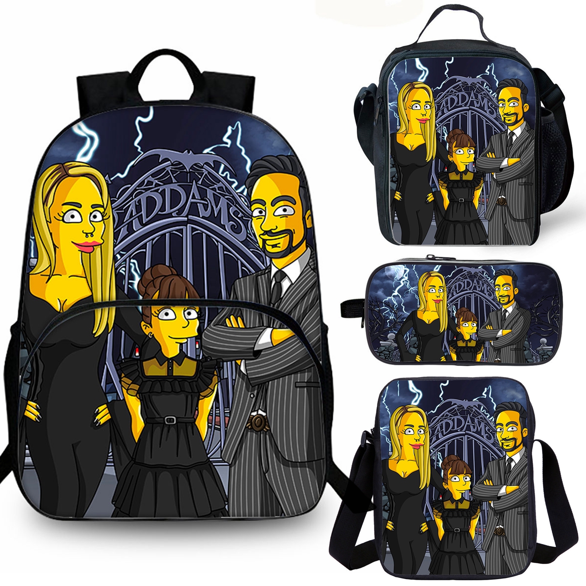 Simpsons Style Addams Family Wednesday Kids School Merch 15" Backpack Insulated Lunch Bag Shoulder Bag Pencil Case